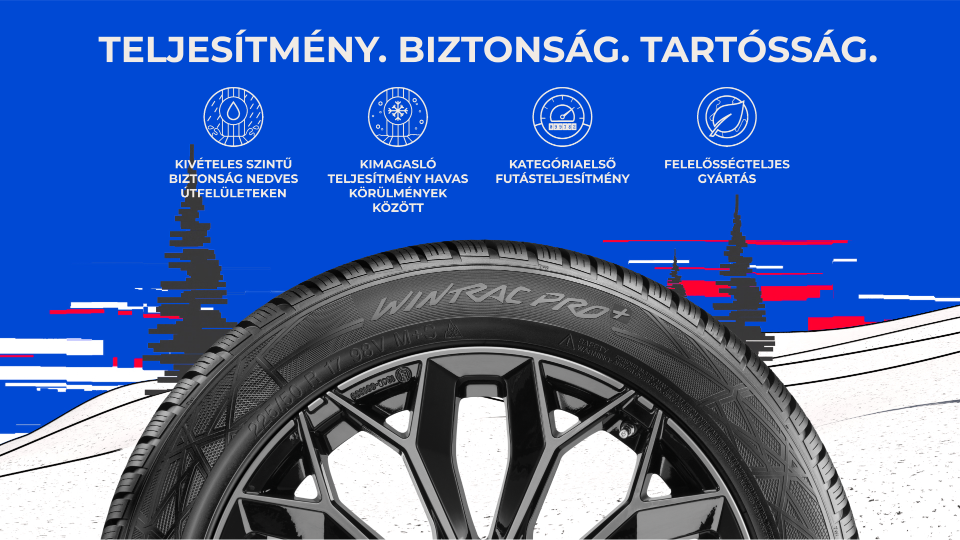 Teljesítmény, biztonság és tartósság banner. A Wintrac Pro+ 4 pillére: Kivételes szintű biztonság nedves útfelületeken, kimagasló teljesítmény havas körülmények között, kategóriaelső futásteljesítmény és felelősségteljes gyártás.